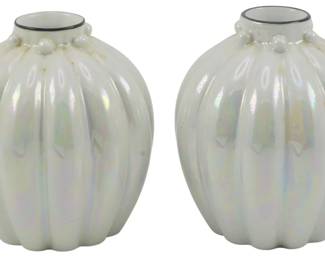 872 - Pair Zehschetzer Iridescent Vases 4.5" (Description): Pair of Zehschetzer iridescent vases  featuring a lobed, melon-shaped form with  decorative ball accents at the shoulders.  Each vase measures 4.5 inches in height.