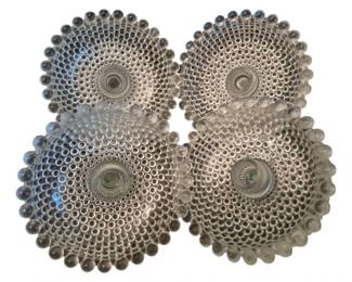 4005 - 4 Hobnail Glass Epergnes (Description): Each piece displays the classic hobnail  pattern with raised bubble-like projections  covering the surface and decorative beaded  edges around the rim. Some chips to edges.