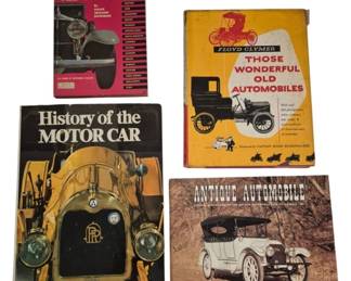 3797 - Vintage Books on Old Cars & Automobiles (Description): A collection of vintage books on old cars and  automobiles. The lot includes four  publications: "Famous Old Cars" by Hank  Wieand Bowman featuring an extensive guide to  automobile makes, "Those Wonderful Old Automobiles" by Floyd Clymer with a fored by  Captain Eddie Rickenbacker containing over  400 photographs and stories of horseless cars  of yesterday, "History of the Motor Car"  featuring 707 illustrations with 485 in full