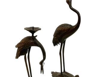 215 - 2 Toyo Japan Bronze Crane on Turtle Candleholders (Description): 19" tall