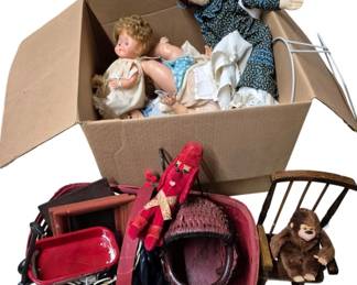 4151 - Group Lot of Dolls & Accessories (Description): A group lot of dolls and accessories  including various dolls, a small wooden  chair, a woven basket, doll furniture, and  plush toys. This assortment offers a variety  of vintage and collectible items suitable for doll collectors or children's play.