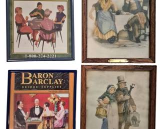 3758 - 4 Framed Prints Baron Barclay 10x8 (Description): Two feature Baron Barclay Bridge Supplies  catalog covers from 2005-2006, depicting  elegant bridge party scenes in black frames.  The other two are Victorian-style character  prints in oak frames with brass nameplates, showing period figures in traditional dress  including one titled "The Elopement."