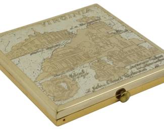 1767 - Vintage Wadsworth Virginia Compact 3"x3" (Description): Vintage Wadsworth Virginia compact featuring  an etched map design of the state with  various landmarks depicted. The gold-tone  metal case has a hinged closure with a button  clasp. Measures 3" x 3".