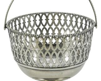 85 - Vintage Sterling Basket 5"x3.5" (Description): Vintage sterling silver basket featuring a  pierced lattice design on the body with  beaded trim along the rim. The basket has a  swing handle and rests on a pedestal foot.  Measures 5 inches by 3.5 inches. Total weight of 3.66oz.