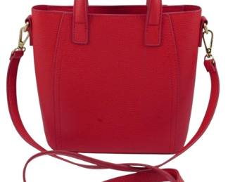 1793 - Red Pebbled Leather Mini Tote Bag 8"x9"x3" (Description): Red pebbled leather mini tote bag featuring  dual top handles and a detachable shoulder  strap with gold-tone hardware. Measures 8  inches wide by 9 inches tall by 3 inches  deep.