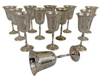 1686 - 12 Silver Plated Leonard Tall Goblets 6" (Description): Each goblet features an elegant tulip-shaped  bowl on a slender stem with a round base.  Each measures 6 inches in height.