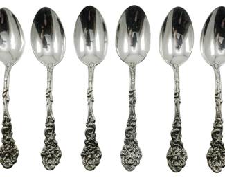 71 - Gorham Set of 6 Sterling Spoons (Description): A set of six sterling silver spoons by  Gorham. Each spoon features an ornate, highly  detailed handle with figural and scrollwork  designs. The set weighs 6.16 oz total.
