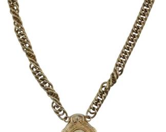 1773 - Victorian Revival Hand Carved Cameo Necklace (Description): Victorian Revival hand carved necklace  featuring a cameo pendant on a decorative  chain with tassel embellishment.