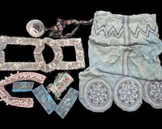 2807 - Vtg Beaded & Embellished Accessories Lot (Description): A collection of vintage beaded and  embellished accessories including a beaded  collar pieces with faux pearl accents, a  turquoise beaded vintage dress (satin is  damaged), beaded collars or cuffs. The lot showcases various handcrafted textile and  beadwork techniques.