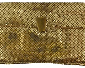1826 - Vtg Whiting and Davis Gold Tone Mesh Clutch (Description): Vintage Whiting and Davis gold tone mesh  envelope clutch. Measures 4 inches by 5.5  inches.
