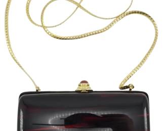 1855 - Vtg Celluloid Evening Purse w/ Storage Bag (Description): Vintage celluloid evening purse with storage  bag. The purse features a gold-tone chain  strap and clasp closure. Measures 3 inches by  6 inches by 2 inches.