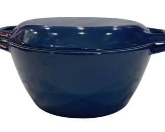 903 - Copco Denmark Enameled Cast Iron Dutch Oven (Description): Blue enameled cast iron pot with matching lid  and dual handles. This Dutch oven features a  deep navy blue enamel coating over cast iron  construction. Measures 5 inches tall by 11  inches in diameter.