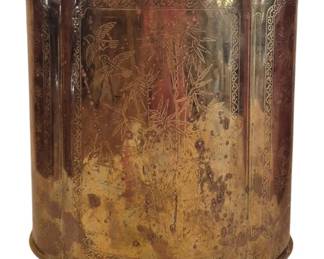 1428 - Asian Brass Etched Trash Can 11"x11"x8.5" (Description): Asian brass trash can featuring etched  decorative panels with bamboo and bird motifs  in the chinoiserie style. The cylindrical  vessel has ornate scroll borders along the  top and bottom edges and rests on small feet. The brass shows a rich patina with tonal  variations.