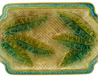 175 - Majolica Painted Tray 1.5"x14"x9" (Description): Majolica painted tray featuring a decorative  design. The tray measures 1 1/2 inches by 14  inches by 9 inches.