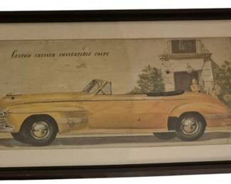 3981 - Framed Vtg Custom Cruiser Convertible Coupe (Description): Framed vintage automotive print depicting a  yellow Custom Cruiser Convertible Coupe. The  illustration shows the classic car in profile  view with elegant figures near a building in  the background, typical of mid-century automobile advertising art. Presented in a  dark wood frame with cream matting. Measures  17" x 29".