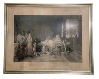 1333 - French Engraving After J. Coomans (Description): This item is an antique 1870 era French  engraving entitled "The Last Day of Pompeii  at the House of the Poetess," based on a  painting by J. Coomans. Measures 42.5 inches  by 33 inches.