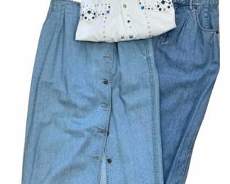2027 - 2 Denim Liz Ware Pencil Skirts w/ Rhinestone Shirt (Description): Shirt - size M Skirts - size 10 (very skinny 10)