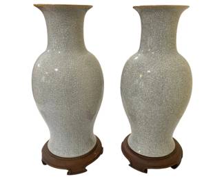 237 - 2 Chinese Ge-type Porcelain Vases w/ crackle glaze (Description): to include wood bases - 16 x 7