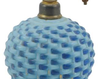 870 - Vintage Opalescent Glass Perfume Bottle 5.5" (Description): Vintage perfume bottle featuring a textured  basketweave pattern on a spherical body with  a brass atomizer top. Measures 5.5 inches.