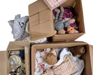 4150 - Group Lot of Doll Clothes & Parts (Description): A group lot of doll clothes and parts. This  assortment includes various doll clothing  items and replacement parts suitable for doll  restoration or crafting projects.