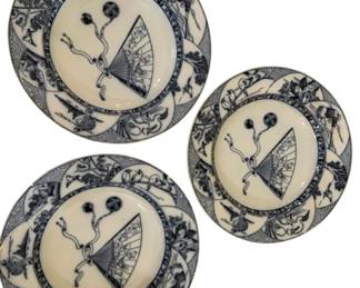 324 - Blue/White Jeddo Pattern Plates Set of 3 10" (Description): Set of three blue and white Jeddo pattern  plates measuring 10 inches in diameter. Each  plate features a central medallion depicting  a decorative fan with tassels and balloons,  surrounded by an intricate border of Aesthetic Movement-style japonesque motifs  including scrollwork, floral designs, and  geometric patterns. The transferware design  showcases the distinctive Jeddo pattern  popular in Victorian-era ceramics.