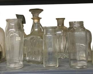 3165 - Lot of Assorted Glass Bottles (Description): Fostoria American decanter has large chip