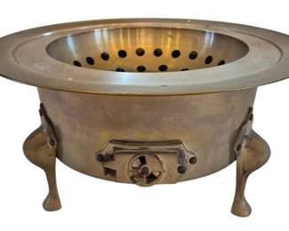 1463 - Brass Warming Stand or Burner w/ Footed Base (Description): A brass warming stand or burner featuring a  perforated top insert and decorative footed  base with ornamental medallions. Measures 6  inches by 12 inches.