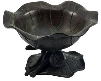 69 - Bronze Compote, Marked at Bottom 2.5"x4" (Description): A bronze compote featuring a naturalistic  design with a leaf-form bowl and decorative  base. The piece is marked at the bottom.  Measures 2 1/2" x 4".