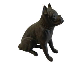 420 - Cast Iron Bank Boston Terrier 4.5" (Description): Cast iron bank in the form of a Boston  Terrier. The dog is depicted in a seated  position wearing a collar. Measures 4.5  inches.