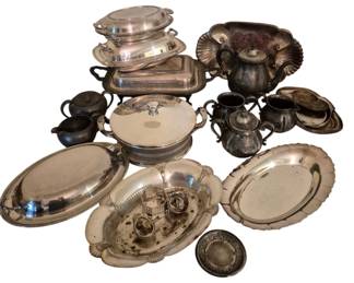 4169 - Group Lot of Silver Plate (Description): A group lot of silver plate items including  serving pieces, trays, and hollowware. The  collection features various styles and forms  suitable for entertaining and table service.