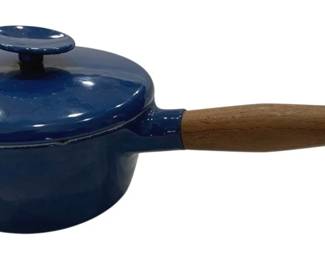 904 - Copco Denmark Enamel Cast Iron Sauce Pot (Description): Blue enamel cast iron sauce pot with matching  lid. Features a wooden handle with metal end  cap and a knob-topped lid with pour spout.  Measures 16 inches by 5 inches by 13 inches.