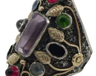 1738 - Multi Item Sterling Ring 0.56oz Sz 6.75 (Description): A multi item sterling silver ring featuring  an assortment of colorful stones and  decorative leaf accents. The ring weighs 0.56  ounces.