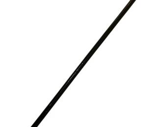 283 - Walking Stick with Horn Handle 36" (Description): A walking stick measuring 36 inches in  length, featuring a curved horn handle in a  classic derby style. The shaft is constructed  of dark lacquered wood with a black rubber  tip at the base for stability.