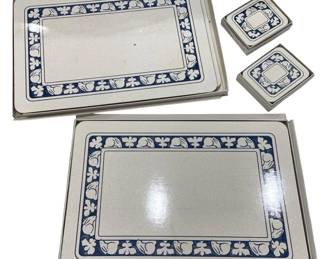 930 - Bunny Place Mats & Coasters (Description): Set of bunny place mats and coasters  featuring a blue and white floral border  design. The pieces have a cream-colored  background with a subtle crackle finish.  Measurements: 11 7/8" x 11.5".