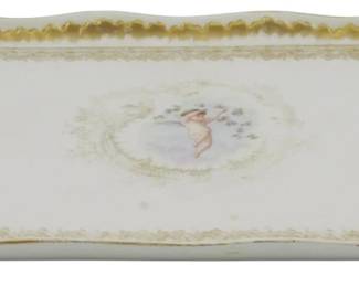 885 - O&C Limoges Porcelain Dresser Tray 9"x11" (Description): O&C Limoges porcelain dresser tray featuring  a delicate central medallion with gilt  accents and decorative gold border detailing.  Measures 9 inches by 11 inches.