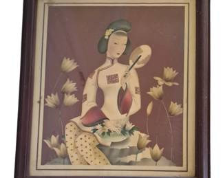 1526 - Oriental Woman Air-Tone Art by Bernard (Description): Bernard Picture Co., Inc. New York City  produced the painting and is the artist.  Painting is signed "Bernard". Modernist/Art  Deco watercolor handcrafted air-tone and  framed under glass. 25 x 20.5