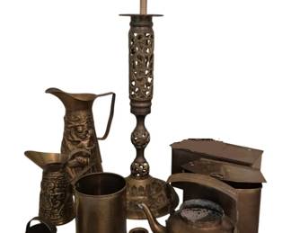 3901 - Group of Brass & Other Metal Decoratives (Description): A group of brass items including a tall  pierced candlestick, a copper kettle, a small  candleholder, a lidded box, a small dish, a  cylindrical vessel, and a miniature bucket.  The collection features various patinas and styles representative of decorative brass and  copper metalwork.