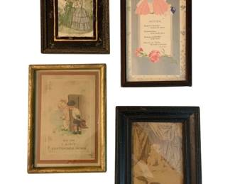 1398 - Group of 4 Small Framed Artwork Largest 5"x9" (Description): A group of four small framed artworks  featuring various vintage prints and  illustrations in decorative frames. The  largest piece measures 5 inches by 9 inches.