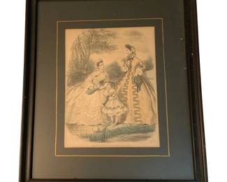 1399 - Magasin Des Demoiselles Framed Artwork (Description): Magasin Des Demoiselles framed artwork  featuring a Victorian-era fashion  illustration. The piece is professionally  framed with a dark mat and wooden frame.  Measures 12 inches by 14.5 inches.