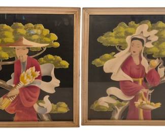 2786 - Pr Asian Figural Spray/Watercolor Paintings (Description): Pair of signed spray and watercolor paintings  depicting Asian figures in traditional  dress. Each composition features a figure in  flowing red robes set against a black  background with stylized green and yellow pine trees. One figure wears a conical hat  and holds wheat, while the companion piece  shows a woman with a white veil holding fruit  with a basket nearby. Presented in matching  gold-toned wooden frames. Each measures 20" x
