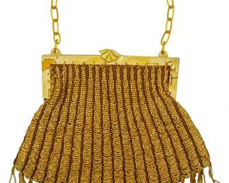 151 - Art Deco Celluloid Beaded Purse 8"x7" (Description): An Art Deco celluloid beaded purse featuring  a decorative celluloid frame with chain  handle and beaded fringe detail. Measures 8  inches by 7 inches.