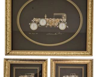 3938 - 3 Ken Broadbent Watch Parts Car Collages (Description): Three Ken Broadbent car collages crafted from  vintage watch parts. Each piece features a  detailed antique automobile composed of  intricate watch components including gears,  faces, and mechanical elements. The collages are presented in matching gold-toned frames  with black matting. Each work is signed by  the artist.