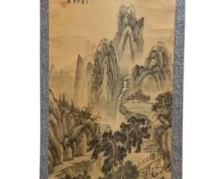 1197 - Shan Shui Ink & Color on Paper Hanging Scroll (Description): Oriental scroll featuring a traditional  landscape painting. The scroll measures 53.5  inches by 21.5 inches.