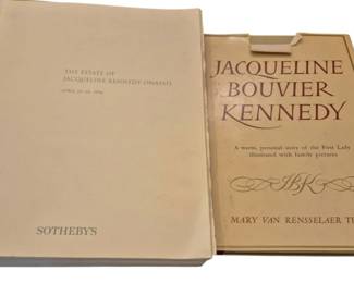 1450 - 2 Jacqueline Kennedy Books (Description): A lot of books related to Jacqueline Kennedy,  including the Sotheby's auction catalog for  The Estate of Jacqueline Kennedy Onassis  dated April 23-26, 1996, and a copy of  Jacqueline Bouvier Kennedy by Mary Van Rensselaer Thayer, described as a warm  personal story of the First Lady illustrated  with family pictures.