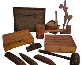 3924 - Group Lot of Wood Collectibles & Boxes (Description): A group lot of assorted wood collectibles  including decorative boxes, a rustic key  holder wall plaque, a carved wooden figure, a  mallet, wooden utensils in a small wooden  basket, and a Youngstown Kitchens Jet-Tower Dishwasher 'Treasure Chest' advertising box.  The collection features various wood tones  and styles ranging from primitive to  mid-century.