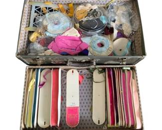 1413 - Lot of Ribbon & Sewing Accessories (Description): A lot of ribbon sewing accessories. The  collection includes various ribbons and  related sewing notions organized in a storage  case.