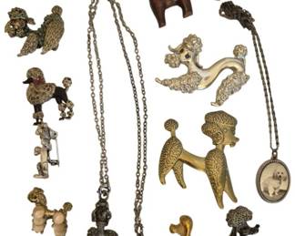 1477 - Vtg Poodle Jewelry Collection Pins Necklaces (Description): A charming group of vintage poodle-themed  jewelry including pins and necklaces. The  collection features various poodle brooches  in assorted styles and finishes including  gold-tone, silver-tone, and enamel pieces. Also included are chain necklaces with poodle  pendants and a cameo-style pendant featuring  a poodle portrait. The pieces showcase the  popular mid-century poodle motif in costume  jewelry.