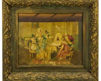 703 - Vintage Print on Canvas in Frame 12"x14" (Description): Vintage print on canvas presented in an  ornate gilt frame. The print depicts a  Rococo-style interior scene with elegantly  dressed figures gathered in conversation.  Measures 12" x 14".