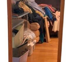 2116 - Mirror 55.5"x13.5" (Description): A rectangular mirror with a wooden frame.  Measures 55.5 inches tall by 13.5 inches  wide.