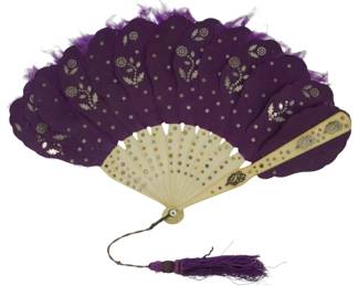 1717 - Vtg Oriental Fan w/ Celluloid Handle (Description): Vintage Oriental fan featuring a celluloid  handle. This decorative folding fan showcases  traditional Oriental styling with an ornate  celluloid handle and attached tassel.